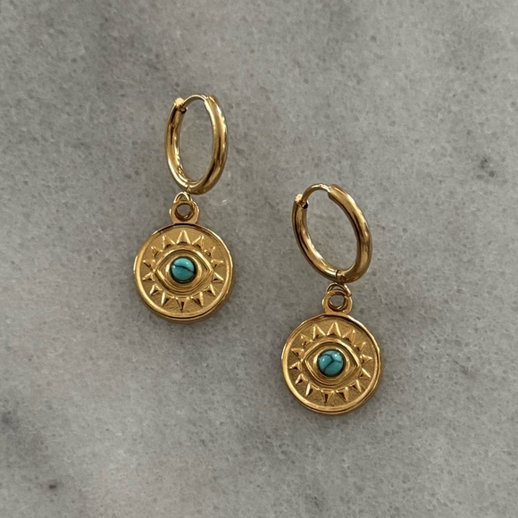 Modest Lu Jewelry - Gold Medallion Coin Evil Eye Pendant Turquoise Huggie Hoop Earrings Brand New